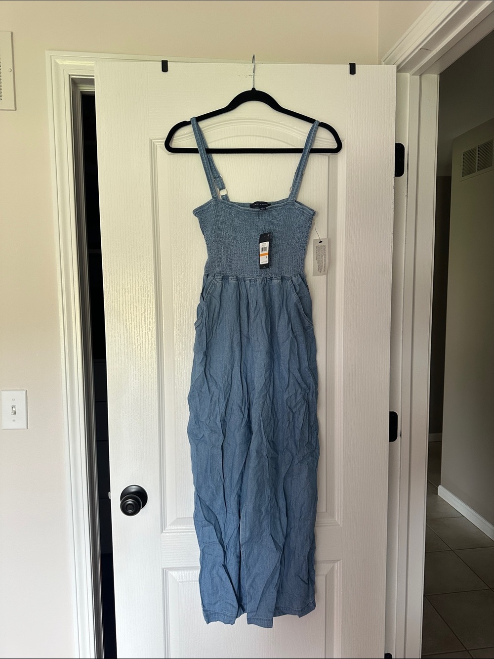 Tommy Hilfiger Light Blue Smocked Denim-Effect Jumpsuit